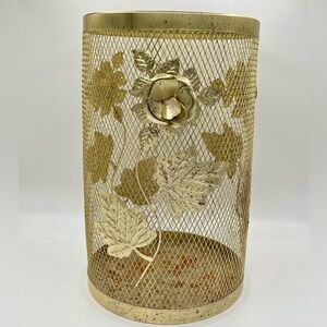 VTG Hollywood Regency Gold Metal Mesh Trash Wastebasket Rose Floral Mid Century